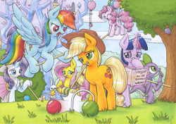 Size: 4670x3290 | Tagged: safe, artist:xeviousgreenii, angel bunny, applejack, fluttershy, pinkie pie, rainbow dash, rarity, spike, twilight sparkle, alicorn, dragon, earth pony, pegasus, pony, rabbit, unicorn, animal, balloon, book, clothes, cloud, croquet, floating, grass, levitation, magic, mallet, mane seven, mane six, mouth hold, telekinesis, then watch her balloons lift her up to the sky, traditional art, tree, twilight sparkle (alicorn), twilight's castle, winged spike, wings