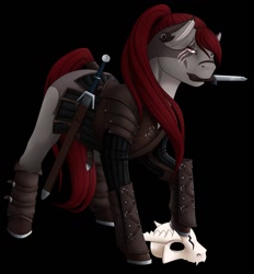 Size: 1189x1280 | Tagged: safe, artist:imreer, oc, oc only, earth pony, pony, armor, black background, dagger, earth pony oc, eye scar, mouth hold, scar, simple background, skull, solo, sword, weapon