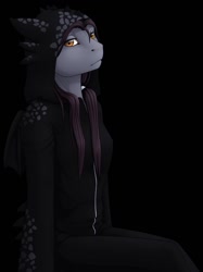Size: 956x1280 | Tagged: safe, artist:imreer, oc, oc only, earth pony, anthro, black background, clothes, costume, earth pony oc, female, simple background, sitting, solo