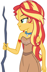 Size: 1024x1562 | Tagged: safe, artist:emeraldblast63, sunset shimmer, equestria girls, g4, breasts, cleavage, clothes, clothes swap, cosplay, costume, crossover, holiday, pocahontas, simple background, sleeveless, solo, spear, thanksgiving, transparent background, weapon