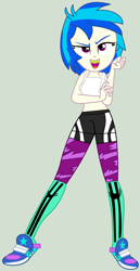 Size: 1928x3732 | Tagged: safe, artist:jadeharmony, artist:novalightsentryyt, dj pon-3, vinyl scratch, equestria girls, g4, base used, belly button, clothes, female, gray background, leggings, midriff, mouth guard, open mouth, shoes, shorts, simple background, sneakers, socks, solo, sports bra, sports shorts