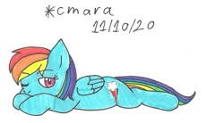 Size: 1119x618 | Tagged: safe, artist:cmara, rainbow dash, pegasus, pony, g4, female, folded wings, lying down, mare, one eye closed, one eye open, prone, simple background, sleeping, solo, traditional art, white background, wings