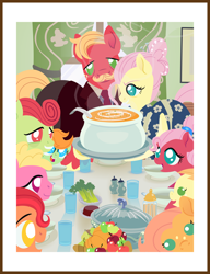 Size: 1518x1980 | Tagged: safe, anonymous artist, big macintosh, fluttershy, oc, oc:apple flutter, oc:apple sorbet, oc:crabapple cider, oc:late riser, oc:pink lemonade, oc:pink pearl apple, oc:summer breeze, earth pony, pegasus, pony, series:fm holidays, g4, alternate hairstyle, apple, apron, baby, baby bottle, baby pony, bowl, celery, clothes, colt, cranberry sauce, dress, drink, facial hair, family, female, filly, fine art parody, food, freedom from want, glass of water, holiday, lineless, looking at you, male, mare, moustache, necktie, no pupils, norman rockwell, offspring, older, parent:big macintosh, parent:fluttershy, parents:fluttermac, pear, pumpkin, pumpkin soup (food), ship:fluttermac, shipping, soup, stallion, straight, suit, thanksgiving, tooth gap