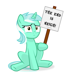 Size: 4000x4181 | Tagged: safe, artist:keronianniroro, lyra heartstrings, pony, unicorn, g4, 2021, crying, end of ponies, female, holding sign, hoof hold, looking at you, mare, sign, simple background, sitting, solo, teary eyes, the end is neigh, white background