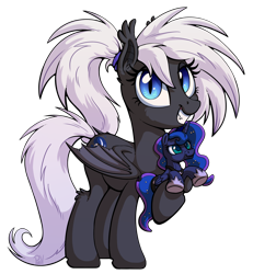 Size: 1992x2160 | Tagged: safe, artist:pirill, princess luna, oc, oc only, oc:stargazer, bat pony, pony, 2021 community collab, derpibooru community collaboration, bat wings, cutie mark, ear fluff, fangs, female, grin, hair tie, looking at you, mare, plushie, ponytail, simple background, slit pupils, smiling, solo, standing, transparent background, wings