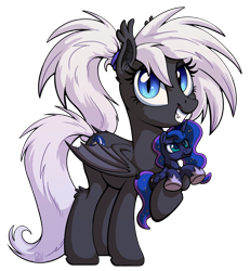 Size: 1992x2160 | Tagged: safe, artist:pirill, princess luna, oc, oc only, oc:stargazer, bat pony, pony, 2021 community collab, derpibooru community collaboration, g4, bat wings, cutie mark, ear fluff, fangs, female, grin, hair tie, looking at you, mare, plushie, ponytail, simple background, slit pupils, smiling, solo, standing, transparent background, wings