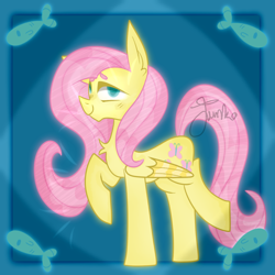 Size: 1500x1500 | Tagged: safe, artist:php163, fluttershy, fish, pegasus, pony, g4, blue background, chest fluff, cute, daaaaaaaaaaaw, digital art, ear fluff, female, folded wings, mare, raised hoof, shyabetes, signature, simple background, smiling, solo, wings