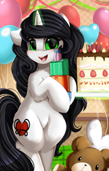 Size: 2550x4009 | Tagged: safe, artist:pridark, oc, oc only, oc:reinina hazard, pony, unicorn, bipedal, birthday cake, cake, cutie mark, eyebrows, eyebrows visible through hair, food, glowing, glowing horn, green eyes, high res, horn, looking at you, magic, magic aura, open mouth, open smile, plushie, present, smiling, smiling at you, solo, telekinesis, unicorn oc