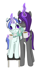 Size: 612x1076 | Tagged: dead source, safe, artist:etheria galaxia, oc, oc only, oc:etheria galaxia, oc:scratch wub, alicorn, pony, unicorn, 2021 community collab, derpibooru community collaboration, alicorn oc, clothes, cute, female, horn, male, mare, shared clothing, ship:scratchtheria, shipping, simple background, stallion, transparent background, wings