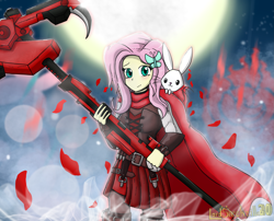 Size: 2535x2048 | Tagged: safe, artist:lordshrekzilla20, angel bunny, fluttershy, rabbit, equestria girls, g4, animal, anime style, cape, clothes, cosplay, costume, crescent rose, gun, hairpin, high res, moon, rifle, ruby rose, rwby, scythe, skirt, sniper rifle, weapon