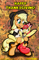 Size: 1280x1978 | Tagged: safe, artist:outofworkderpy, apple bloom, applejack, earth pony, pony, g4, adorabloom, apple sisters, bridal carry, carrying, clothes, cosplay, costume, cute, female, happy, hat, holiday, jackabetes, leaves, native american, pilgrim, pilgrim hat, pilgrim outfit, siblings, sisters, squaw bloom, thanksgiving