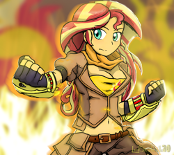 Size: 2284x2048 | Tagged: safe, artist:lordshrekzilla20, sunset shimmer, equestria girls, g4, ami koshimizu, anime style, belly button, belt, breasts, cleavage, clothes, cosplay, costume, cutie mark, cutie mark on clothes, ember celica, gauntlet, gloves, high res, jacket, midriff, rwby, scarf, solo, voice actor joke, yang xiao long