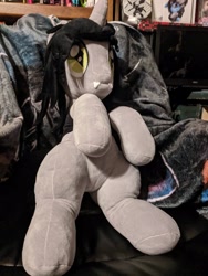 Size: 2429x3238 | Tagged: safe, artist:klplushies, photographer:lightningbolt, pony, unicorn, clothes, commission, disguise, disguised siren, fangs, horn, irl, kellin quinn, male, photo, plushie, ponified, shirt, sleeping with sirens, slit pupils, solo, stallion, t-shirt