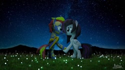 Size: 1280x720 | Tagged: safe, artist:nebulafactory, oc, oc:nebula, pegasus, pony, 3d, blender, blender cycles, grass, holding hooves, looking at each other, love, night