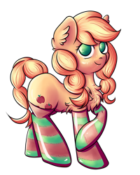 Size: 2000x2494 | Tagged: safe, artist:coco-drillo, applejack, earth pony, pony, g4, alternate hairstyle, braid, braided tail, chest fluff, clothes, crossed hoov, cute, ear fluff, freckles, hatless, high res, holiday, looking at you, missing accessory, simple background, smiling, socks, solo, standing, stockings, striped socks, thigh highs, transparent background