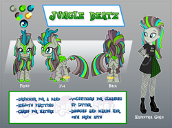 Size: 4220x3132 | Tagged: safe, artist:emperor-anri, oc, oc only, oc:jungle beatz, hybrid, kirin, zebra, zebra kirin, equestria girls, g4, anklet, belt, blue eyes, boots, chains, clothes, eco punk, equestria girls-ified, female, fishnet stockings, grey skin, high heel boots, long hair, mohawk, multicolored hair, nose piercing, nose ring, piercing, punk, reference sheet, shirt, shoes, skirt, smiling, solo, stockings, t-shirt, tartan, thigh highs, tomboy