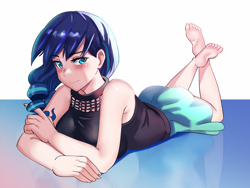 Size: 1280x960 | Tagged: safe, artist:tzc, coloratura, human, g4, anime, barefoot, beautiful, blushing, breasts, busty coloratura, clothes, dress, feet, female, humanized, looking at you, pretty, rara, skirt, sleeveless, soles, solo, the pose