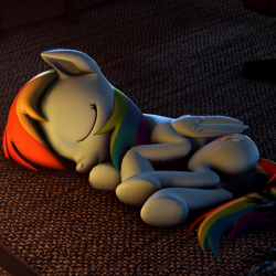 Size: 2160x2160 | Tagged: safe, artist:psfmer, rainbow dash, pegasus, pony, g4, 3d, carpet, curled up, cute, dashabetes, female, high res, mare, open mouth, revamped ponies, rug, sleeping, solo, source filmmaker