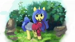 Size: 3840x2160 | Tagged: safe, artist:sapphrinette, oc, oc only, oc:logical leap, pony, unicorn, clothes, collar, cute, grass, high res, leash, mouth hold, skirt, solo, sweater, tree, wip
