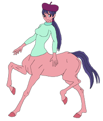 Size: 754x886 | Tagged: safe, artist:cdproductions66, artist:nypd, raspberry beret, centaur, monster girl, anthro, g4, base used, beauty mark, beret, breasts, centaurified, clothes, female, hat, hooves, human head, long sleeves, method mares, missing cutie mark, ponytail, purple eyes, purple hair, raised hooves, reasonably sized breasts, simple background, solo, sweater, transparent background, turtleneck, two toned hair, two toned tail