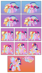 Size: 1711x3000 | Tagged: safe, artist:mlpconjoinment, applejack, pinkie pie, rainbow dash, twilight sparkle, oc, earth pony, pegasus, pony, unicorn, g4, blushing, butt, comic, commissioner:bigonionbean, conjoined, cowboy hat, cutie mark, embarrassed, extra thicc, female, flank, fused, fusion, hairband, hat, large butt, mare, merge, merging, plot, stetson, the ass was fat, thought bubble, varying degrees of amusement, writer:bigonionbean