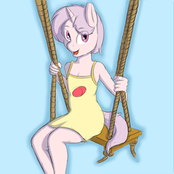 Size: 4001x4001 | Tagged: safe, artist:heretichesh, artist:sagey, oc, oc only, oc:red pill, unicorn, anthro, blue background, clothes, cutie mark on clothes, happy, open mouth, rope swing, simple background, solo, swing