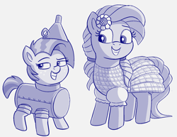Size: 1672x1290 | Tagged: safe, artist:heretichesh, babs seed, sunflower (g4), earth pony, pony, g4, clothes, costume, dorothy gale, duo, female, freckles, funnel, halloween, holiday, metal, monochrome, nightmare night, plaid, siblings, simple background, sisters, sketch, smiling, smug, the wizard of oz, tin, tin man