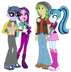 Size: 910x923 | Tagged: safe, artist:illumnious, artist:kimberlythehedgie, artist:maretrick, artist:skyfallerart, edit, aria blaze, micro chips, sandalwood, sonata dusk, equestria girls, g4, my little pony equestria girls: rainbow rocks, ariachips, backpack, boots, bracelet, clothes, crack shipping, cute, female, gem, glasses, happy, high heel boots, hippie, jewelry, male, pants, pigtails, ponytail, sandata, shipping, shoes, simple background, siren gem, skirt, smiling, socks, spiked wristband, straight, transparent background, twintails, vector, wristband
