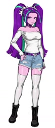Size: 588x1352 | Tagged: safe, artist:nairdags, aria blaze, equestria girls, g4, annoyed, bare shoulders, boots, bracelet, breasts, busty aria blaze, choker, cleavage, clothes, collar, combat boots, daisy dukes, denim shorts, eyelashes, eyeshadow, frown, hair tie, jewelry, legs, looking at you, makeup, narrowed eyes, off shoulder, pants, pigtails, resting bitch face, ring, ripped pants, sexy, shoes, shorts, shoulderless, shoulderless shirt, simple background, socks, stockings, stupid sexy aria blaze, thigh highs, thighs, torn clothes, twintails, white background