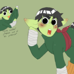Size: 1000x1000 | Tagged: safe, artist:mclovin, earth pony, pony, angry, bandage, blushing, clothes, ear blush, eyebrows, jumpsuit, leg warmers, male, naruto, open mouth, ponified, raised leg, rock lee, sash, stallion, sweat, sweatdrops, tongue out
