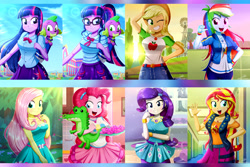 Size: 2880x1920 | Tagged: safe, artist:the-butch-x, edit, editor:itsmgh1203, applejack, fluttershy, gummy, pinkie pie, rainbow dash, rarity, sci-twi, spike, spike the regular dog, sunset shimmer, twilight sparkle, alicorn, alligator, dog, human, equestria girls, equestria girls series, g4, the craft of cookies, applejack's hat, backpack, beautiful, belt, big breasts, bleachers, blonde hair, blue eyes, boots, bowtie, bracelet, breasts, busty applejack, busty fluttershy, busty pinkie pie, busty rarity, busty sci-twi, busty sunset shimmer, busty twilight sparkle, candy, canterlot high, clothes, collar, confident, cookie, cowboy hat, cute, cutie mark, cutie mark on clothes, dashabetes, denim skirt, diapinkes, dress, fashionista, female, fence, fluttershy boho dress, food, forest, freckles, geode of empathy, geode of fauna, geode of shielding, geode of sugar bombs, geode of super speed, geode of super strength, geode of telekinesis, glasses, green eyes, grin, gummybetes, hairpin, hallway, hand on hip, happy, hat, headband, heart, high heels, hoodie, humane five, humane seven, humane six, jackabetes, jacket, jar, jewelry, kitchen, leather, leather jacket, leggings, lockers, looking at you, magical geodes, male, multicolored hair, necklace, one eye closed, open mouth, open smile, outdoors, pink hair, plushie, ponytail, purple eyes, purple hair, rainbow hair, raribetes, rarity peplum dress, red eyes, red hair, redraw, rework, shimmerbetes, shirt, shoes, shyabetes, signature, skirt, sleeveless, sleeveless dress, smiling, smiling at you, soccer field, spikabetes, spike the dog, sun, sunset, sweat, sweatdrop, sweatdrops, t-shirt, tank top, the-butch-x is trying to murder us, tray, tree, twiabetes, twilight sparkle (alicorn), vest, wall of tags, waving, windmill, wink, winking at you, wristband, yellow hair