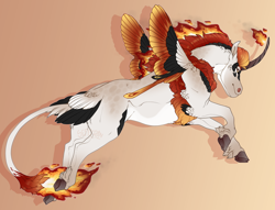 Size: 1960x1500 | Tagged: safe, artist:seffiron, oc, oc only, oc:ember torch, hybrid, pony, cloven hooves, colored wings, magical lesbian spawn, multicolored wings, offspring, parent:autumn blaze, parent:daybreaker, solo, tail feathers, wings