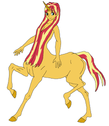 Size: 754x866 | Tagged: safe, artist:cdproductions66, artist:nypd, sunset shimmer, centaur, monster girl, equestria girls, g4, base used, centaur sunset, centaurified, cleavage, female, godiva hair, hooves, horn, human facial structure, human head, missing cutie mark, nudity, raised hooves, red hair, simple background, solo, strategically covered, transparent background, turquoise eyes, two toned hair, two toned tail, unicorn horn, unitaur