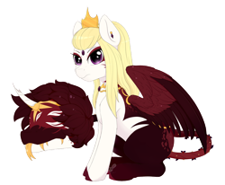 Size: 1024x842 | Tagged: safe, artist:nekoremilia1, oc, oc only, oc:carmilla and justice, original species, pegasus, pony, primal plant pony, augmented tail, broken horn, closed species, crown, female, horn, jewelry, regalia, simple background, solo, transparent background