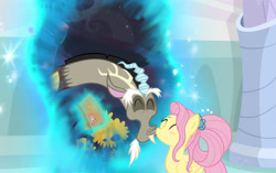 Size: 2223x1400 | Tagged: safe, edit, edited screencap, screencap, discord, fluttershy, pony, g4, the last problem, bag, bow, female, flower, hair bow, kissing, lunch bag, male, older, older fluttershy, ship:discoshy, shipping, show accurate, straight, what could have been