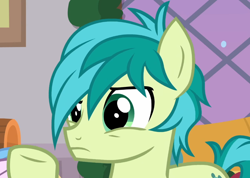 Size: 1078x768 | Tagged: safe, screencap, sandbar, earth pony, pony, g4, the hearth's warming club, cropped, foal, male, raised hoof, reaction image, teenager, what the fuck am i reading, wtf face