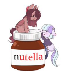 Size: 1024x1141 | Tagged: safe, artist:nekoremilia1, earth pony, pegasus, pony, bow, chibi, clothes, food, horn, nutella, product placement, simple background, stockings, thigh highs, transparent background