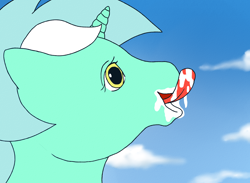 Size: 1638x1200 | Tagged: safe, artist:pony quarantine, lyra heartstrings, pony, unicorn, g1, g4, female, g4 to g1, generation leap, licking, mare, redraw, simple background, solo, tongue out, what that pony eating?