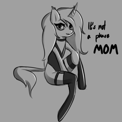 Size: 2000x2000 | Tagged: safe, artist:plaguemare, oc, oc only, oc:cornelia zante vandelia, pony, unicorn, choker, clothes, dialogue, doodle, eyeliner, female, garter belt, goth, gothic, high res, leotard, long hair, makeup, mare, monochrome, simple background, sitting, sketch, socks, solo, thigh garters, thigh highs