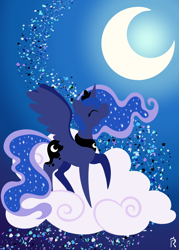 Size: 2000x2800 | Tagged: safe, artist:dawn-designs-art, princess luna, alicorn, pony, g4, abstract, abstract art, abstract background, cloud, commissions open, crescent moon, eyes closed, female, happy, high res, lineless, mare, modern art, moon, pointy ponies, solo
