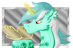 Size: 2059x1374 | Tagged: safe, artist:thebenalpha, lyra heartstrings, pony, unicorn, g4, chest fluff, ear fluff, hand, hooves, magic, solo