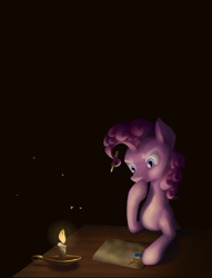 Size: 1240x1620 | Tagged: safe, artist:nevillerob, pinkie pie, earth pony, pony, g4, candle, dark, female, hoof on chin, mare, solo