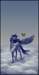 Size: 1194x2301 | Tagged: safe, artist:nevillerob, princess luna, alicorn, bird, bullfinch, pony, g4, cloud, female, mare, neck fluff, on a cloud, one wing out, solo, standing on a cloud, walking on clouds, wings