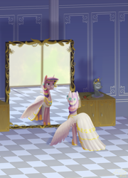 Size: 581x806 | Tagged: safe, artist:nevillerob, queen chrysalis, alicorn, changeling, changeling queen, pony, a canterlot wedding, g4, clothes, disguise, disguised changeling, dress, fake cadance, female, mare, mirror