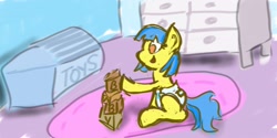 Size: 2160x1080 | Tagged: safe, artist:sparklepopshine, oc, oc only, oc:bubble "duckie" bath, pegasus, pony, adult foal, baby, blocks, building blocks, diaper, foal, solo, tail tape, toy chest