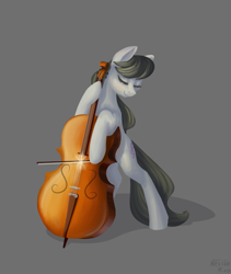 Size: 549x650 | Tagged: safe, artist:nevillerob, octavia melody, earth pony, pony, g4, bipedal, bipedal leaning, bow, bow (instrument), cello, dexterous hooves, eyes closed, female, gray background, leaning, mare, musical instrument, simple background, smiling, solo