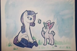 Size: 4024x2656 | Tagged: safe, artist:globug100art, rarity, sweetie belle, pony, unicorn, g4, animal costume, bunny costume, clothes, costume, duo, easter egg, female, filly, magic, mare, rarity's cutie mark, sibling love, sisterly love, sweetie belle's magic brings a great big smile, telekinesis, traditional art