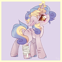 Size: 3000x3000 | Tagged: safe, artist:_spacemonkeyz_, oc, oc only, oc:sugar stars, pony, unicorn, bandage, blushing, bruised, colored pinnae, high res, magic, markings, pale belly, scar, sketch, solo, standing