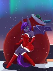 Size: 2600x3500 | Tagged: source needed, safe, artist:chapaevv, oc, oc only, oc:crescentstar the batpony, bat pony, anthro, aurora borealis, bat pony oc, bat wings, bedroom eyes, boots, breasts, christmas, cleavage, clothes, evening gloves, gloves, high res, holiday, long gloves, night, patreon, patreon reward, present, roof, shoes, snow, solo, tongue out, wings