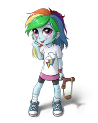 Size: 860x1080 | Tagged: safe, artist:vyazinrei, rainbow dash, equestria girls, g4, :p, bandaid, converse, cute, dashabetes, eyelid pull, female, filly, filly rainbow dash, looking at you, shoes, simple background, slingshot, solo, younger